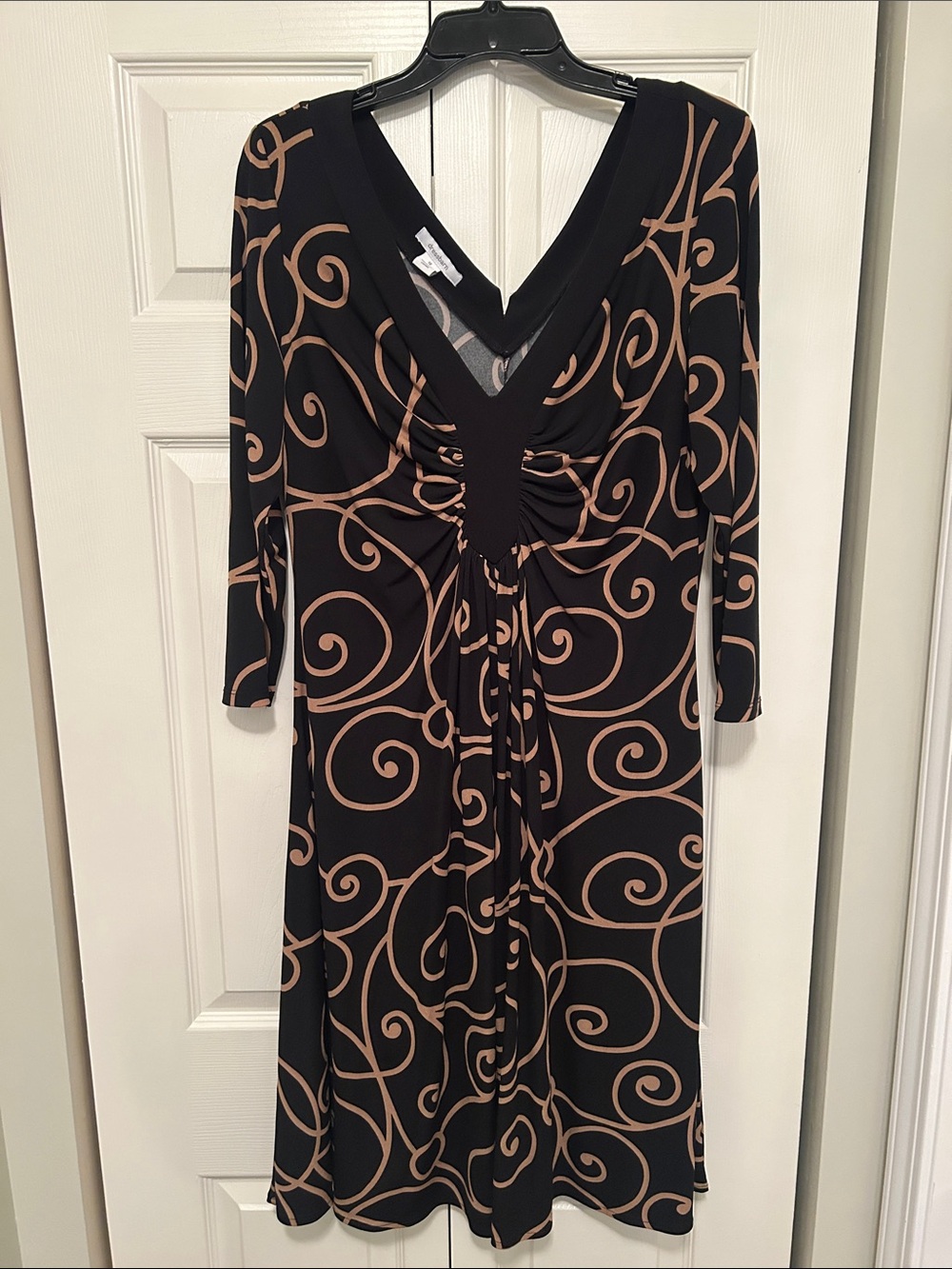 Dressbarn Black Dress with Tan Swirl Print, V-Neck Long Sleeve